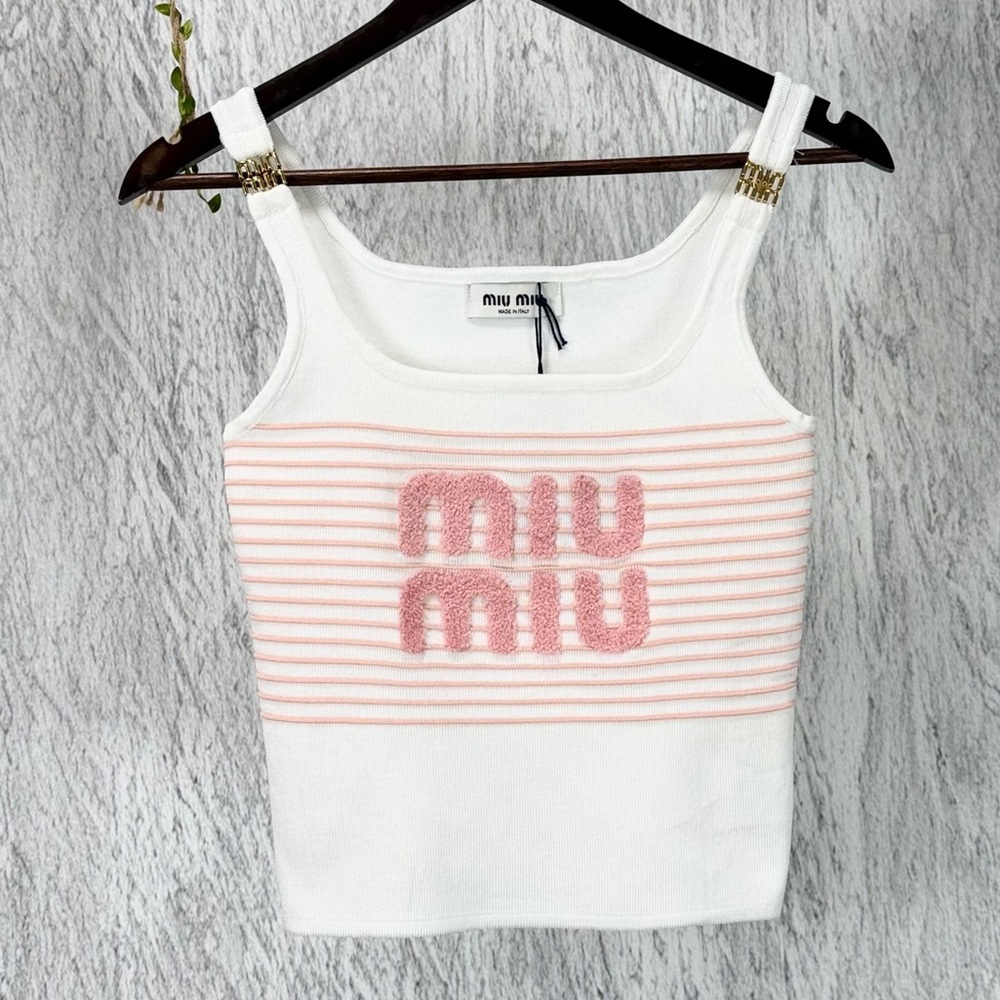 Miu Miu White Tank with Pink Logo Stripe Panel